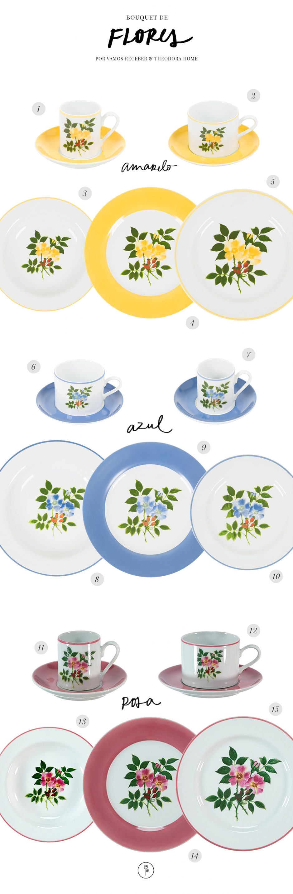 Louças da coleção bouquet by Theodora azul rosa e amarela