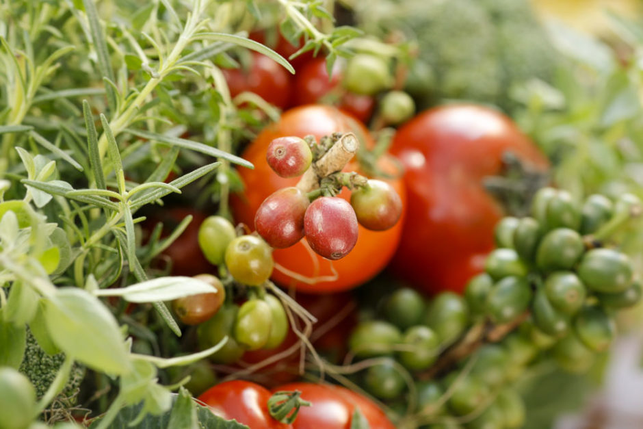 arranjo com legumes e verduras em mesa posta 